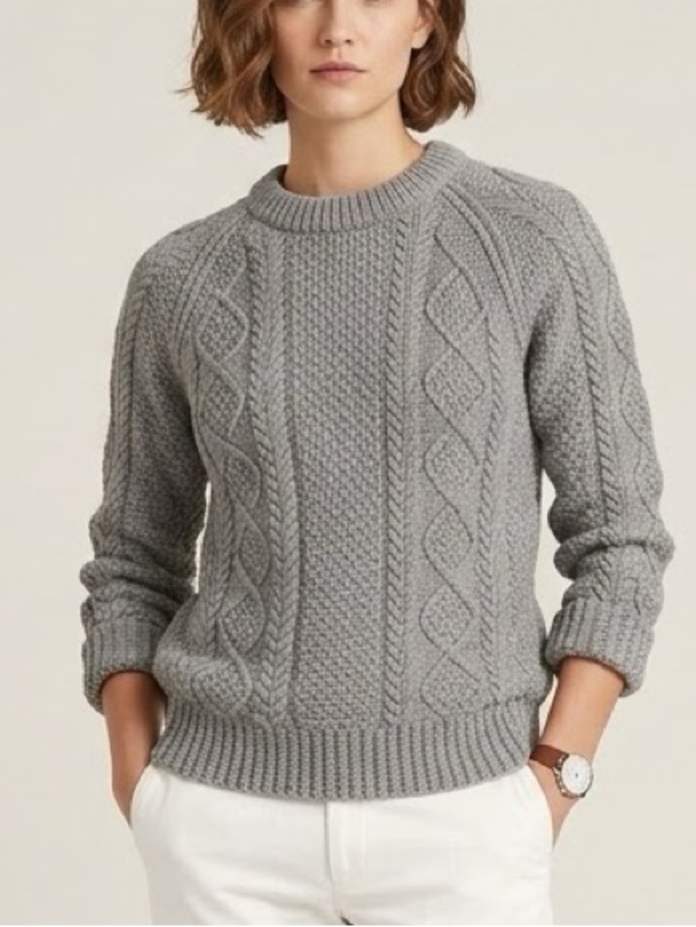 L.L. Bean Signature Cotton Fisherman Cotton Crewneck Sweater Light Gray Large